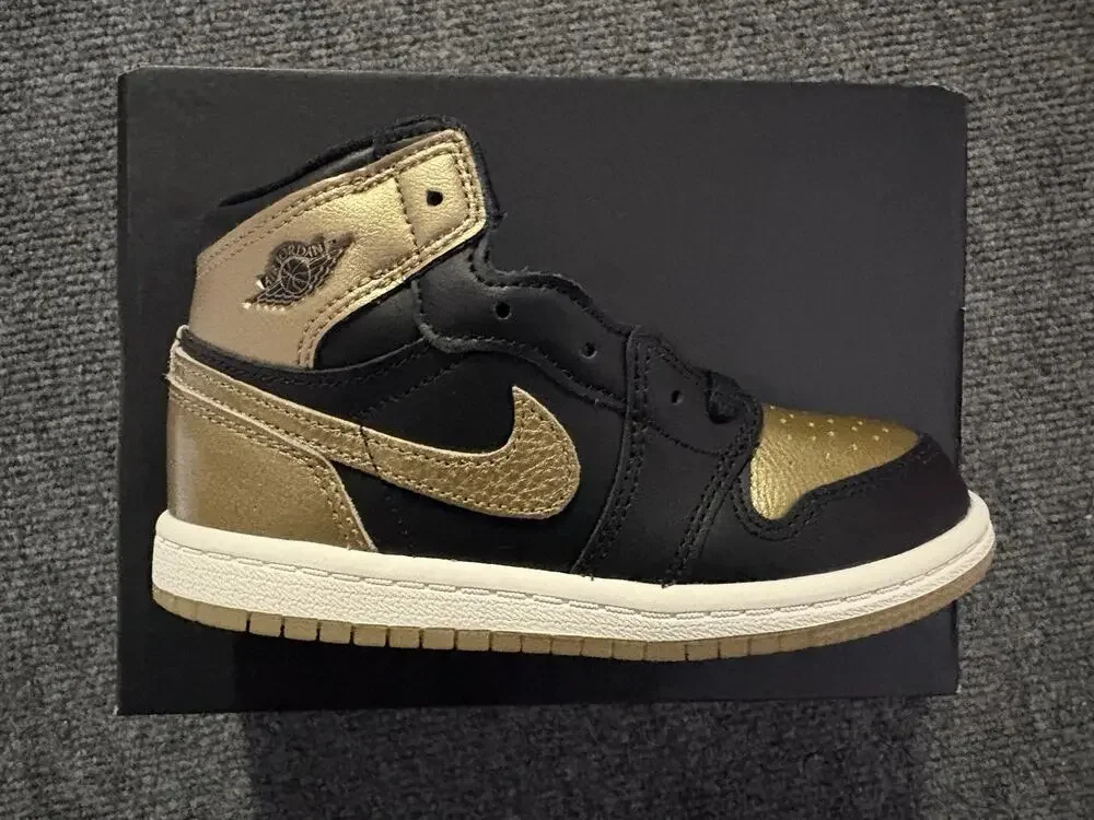 Jordan 1 Retro High OG TD Black Gold Leather Kids Sneaker Air Jordan Size 10C